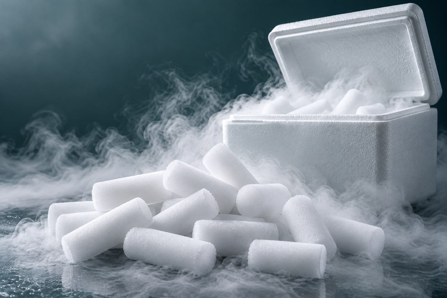 Pellets cilíndricos de gelo seco liberando névoa ao lado de uma caixa térmica de isopor