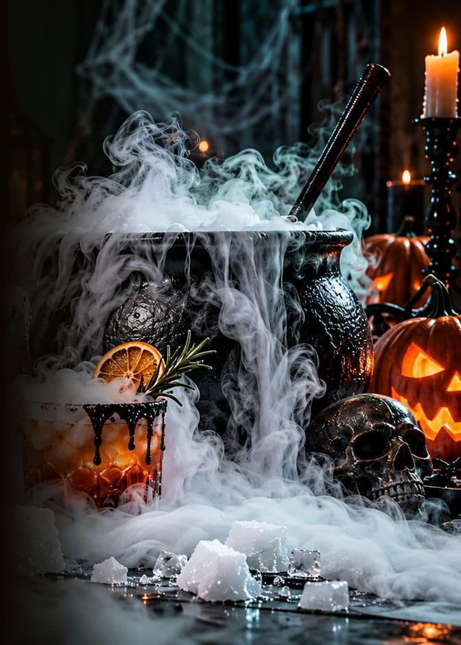 Caldeirão e drinks de Halloween transbordando névoa de gelo seco entre abóboras e velas
